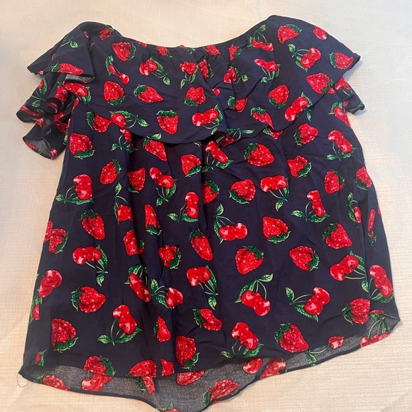 Entro Blue and Red Ruffled Off the Shoulder Blouse with Fruit Print - M - Picture 2 of 6